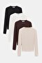 Black-Ecru-Brown-Beige Women's Crew Neck Finger-Loop Long Sleeve Bodysuit/Blouse - Pack of 4