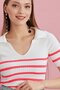 Polo Neck Pink Striped Ecru Summer Knit Blouse - 7