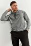 Gray Melange - Black Hooded Kangaroo Pocket Elastic Leg Men's Standard Fit Tracksuit Set - 85117 - 2