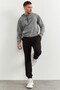 Gray Melange - Black Hooded Kangaroo Pocket Elastic Leg Men's Standard Fit Tracksuit Set - 85117 - 3