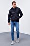 Navy Blue Embroidered Standard Mold Hooded Men's Sweatshirt - 87887 - 2