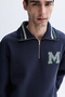 Men's Navy Blue Zippered Stand Collar Embroidered Sweatshirt - 3