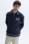 Men's Navy Blue Zippered Stand Collar Embroidered Sweatshirt