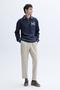 Men's Navy Blue Zippered Stand Collar Embroidered Sweatshirt - 4