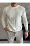Men's Regular Crew Neck Striped Knitwear Sweater Cream Eca050 - 3