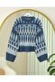 Mixed Pattern Round Neck Knitted Sweater -Indigo - 3
