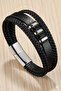 Men's Bracelet Genuine Leather - Black Silver Straw Knitted Stylish Modern - 4