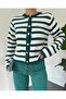 Round Neck Striped Cardigan with Pocket Detail - Emerald - 4