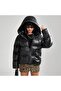 Women's Black Hooded Puffer Faux Leather Coat - 3