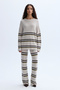 Women's Stone Color Striped Wide Leg Tie-Waist Knitwear Trousers