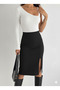 Women's Black Color Button Detailed Knitted Ribbed Camisole Fabric Slit Midi Length Skirt Seasonal - 6