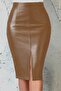 Women's Leather Skirt with Front Slit Detail, Brown - 3