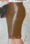 Women's Leather Skirt with Front Slit Detail, Brown - 4