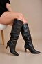 Heeled Leather Boots Black Drawstring Women's Boots - Bellows Below Knee Black Boots - Winter Women's Boots - 6