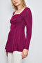Women's Stretchy Viscose Square Neck Gathered Front Long Sleeve Knitted Tunic-Burgundy - 5