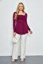 Women's Stretchy Viscose Square Neck Gathered Front Long Sleeve Knitted Tunic-Burgundy