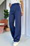 High Waist Double Leg Satin Trousers - Navy Blue - 2