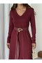 Bouquet Women's V-Neck Front Slit Belt Detailed Combed Cotton Long Dress - 4