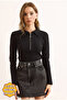 Women's Black Polo Neck Zippered Long Sleeve Stretchy Blouse Blz-19003103
