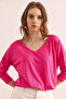Women's Fuchsia Silver Stitching Detailed V-Neck Viscose Blouse Blz- 19002747 - 5