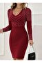 Women's Long Sleeve V-Neck Stone Mini Imported Crepe Dress