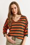 Women's Emerald Green V-Neck Striped Short Sleeve Knitwear Blouse Blz-19002837 - 6