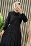 Sevde Dress Viscose Fabric Women's Black Hijab Dress with Elastic Waist and Collar Tie Detail - 2