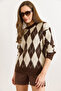 Women's Brown Baklava Pattern Fleece-Lined Thick Knitwear Sweater Kzk-19001075 - 4