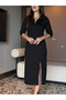 New Season Women's Viscose Two Thread Midi Dress Turtleneck Zipper Detail Yı Slit Asarım