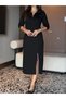 New Season Women's Viscose Two Thread Midi Dress Turtleneck Zipper Detail Yı Slit Asarım - 4