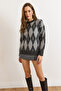 Women's Gray Baklava Pattern Fleece-Lined Thick Knitwear Sweater Kzk-19001075 - 3