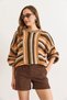Women's Camel Crew Neck Color Detailed Batwing Knitwear Sweater Kzk-19001073 - 2