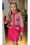 Girl's Quilted and Gold Striped Detail Chanel Fuchsia Skirt Suit - 3