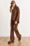 Women's Brown Thick Corded Fabric Bottoms and Tops Basic Knitwear Set Tkm-19000463