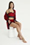 Nova Burgundy Lace Detailed Dressing Gown Bustier Shorts Velvet Pajama Set - 5