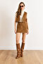 Women's Tan Zippered Stone Detailed Mini Suede Skirt Etk-19000368 - 2