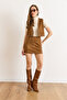 Women's Tan Zippered Stone Detailed Mini Suede Skirt Etk-19000368 - 6