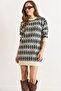 Women's Ecru Tiny Baklava Fleece-Lined Thick Knitwear Tunic Dress Elb-19002567