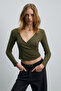 Calloria women's v-neck long sleeve Slim Fit khaki blouse