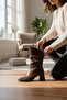 Brown Back Zipper Pointed Toe Thick Heel Rubber Sole Women's Boots - 4