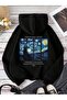 Unisex Van Gogh Backpack Printed Hooded Oversized Black Sweatshirt with Kangaroo Pocket