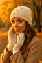 Elegant Knitted Patterned Silvery Beanie & Soft Textured Gloves Set - Winter Combination