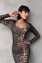 Square Neck Leopard Print Long Sleeve Bodycon Midi Pencil Dress - 3