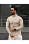 Beige Ribbed Knit Turtleneck Stretch Fabric Sweater - 2