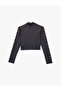 Slim Fit Zippered Long Sleeve Mock Neck Star and Staple Detailed Crop Cardigan - 2