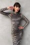 Mock Neck Leopard Print Long Sleeve Velvet Dress Midi Length Winter Stylish Design - 6