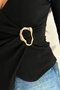 Women's Double-Breasted Collar Metal Buckle Detailed Long Sleeve Asymmetrical Cut Corded Fabric Ribbed Knit Blouse - 4