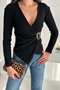 Women's Double-Breasted Collar Metal Buckle Detailed Long Sleeve Asymmetrical Cut Corded Fabric Ribbed Knit Blouse