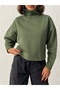 Women's Khaki Mock Neck Batwing Sleeve 3 Thread Short Sweat Blouse - 2