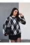 Women's Crew Neck Diamond Pattern Side Slit Fleece-Lined Knitwear Sweater - 5